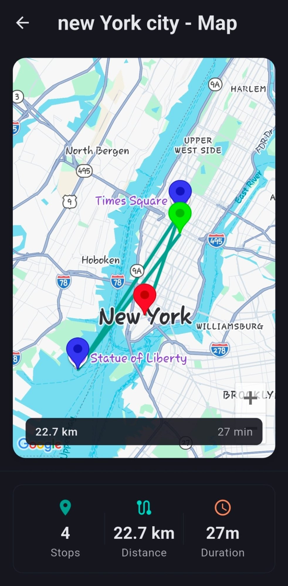AI-generated itinerary showing stops connected by routes in New York City