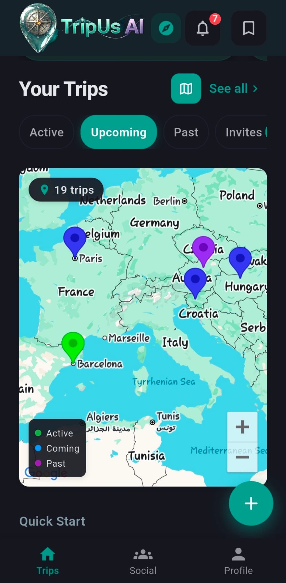 Trip map showing 19 trips across Europe with color-coded pins